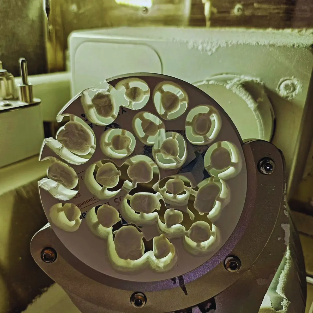 Zirconia disc full of milled crowns at the dental lab